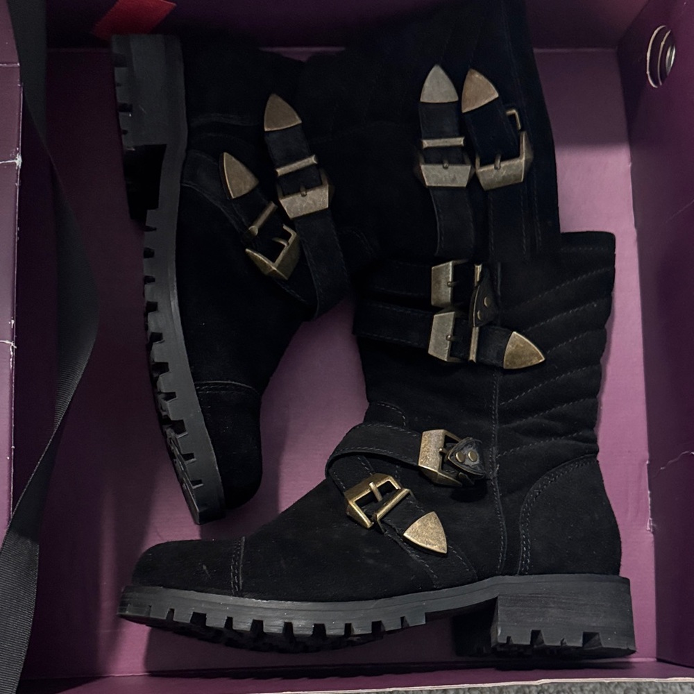 Shellys London Black Combat Boots with Gold Buckles